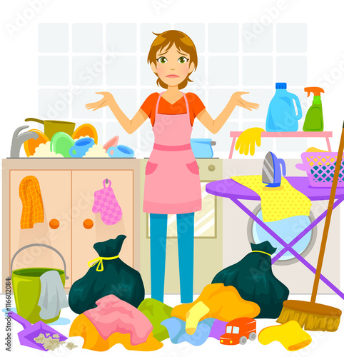 young woman overwhelmed by too much housework