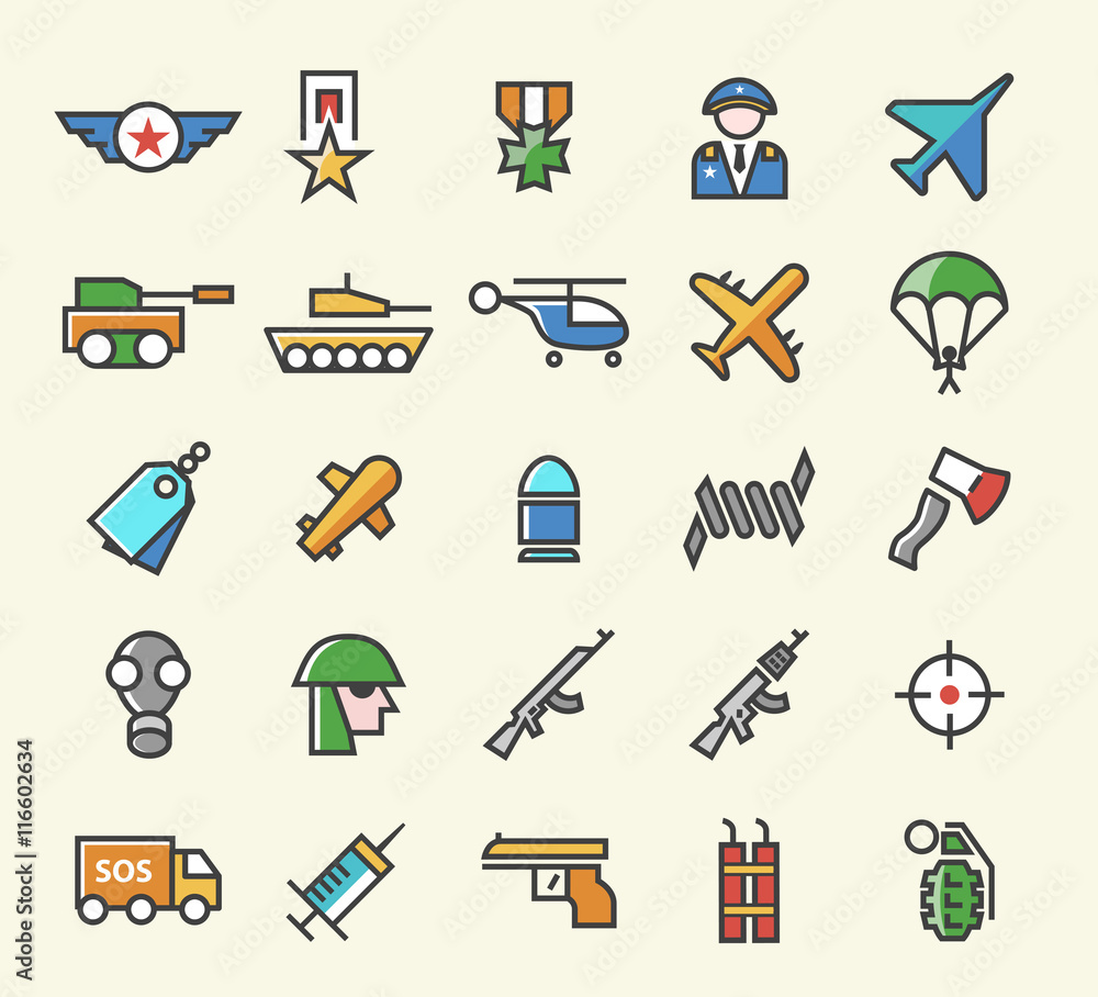 Set of 25 Minimalistic Solid Coloured war Icons. Isolated Vector ...