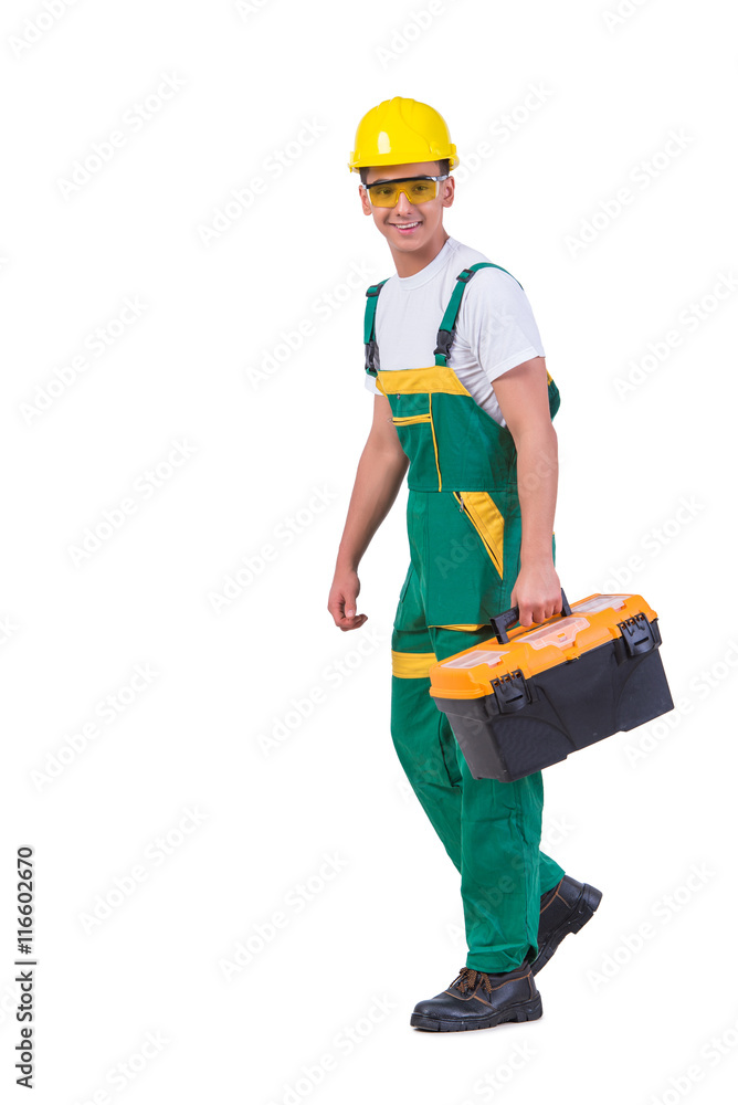 Young man with toolkit toolbox isolated on white Young man with toolkit toolbox isolated on white