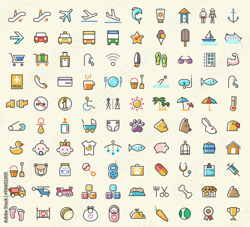 Set of 100 Minimalistic Solid Colored Airport, Beach, Baby and Veterinary Icons. Isolated Vector Elements.