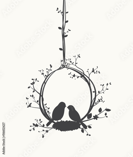 Couple Birds silhouette with tree and birdcages