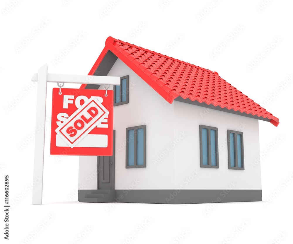 Isolated model of house with sign for sale sold. Concept of real estate, new apartment and moving to a new house. 3D rendering. Isolated model of house with sign for sale sold. Concept of real estate, new apartment and moving to a new house. 3D rendering.