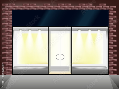 Shop showcase and entrance. Black and white vector glass store
