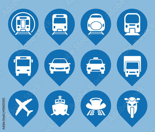 various transportation icon set, including cars, trains, subway, monorail, linear motor car, airplane, ship, motorcycle