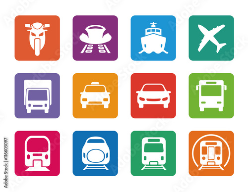 various transportation icon set, including cars, trains, subway, monorail, linear motor car, airplane, ship, motorcycle