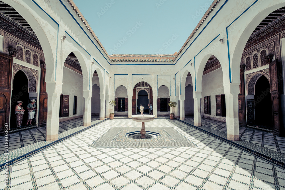 The courtyard of the old king palace of Morocco in the old medina of Marracesh