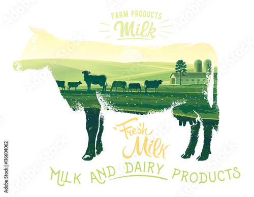 Silhouette of a cow on a white background combined with the rural landscape and inscriptions.