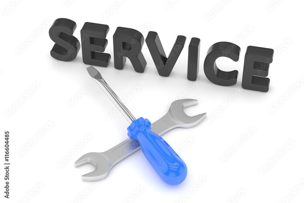 screwdriver and wrench tools on white background. service concept. 3D Rendering. screwdriver and wrench tools on white background. service concept. 3D Rendering.