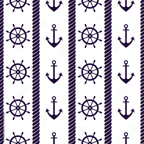 Vector seamless pattern with anchor, steering wheel and rope. Creative geometric symmetrical background, nautical theme. Graphic illustration.