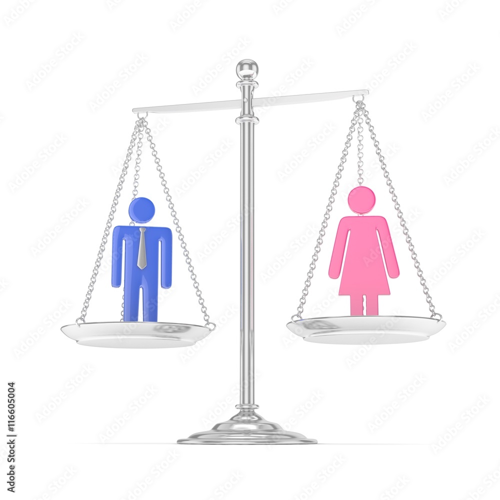 Isolated old fashioned pan scale with man and woman on white background. Gender inequality. Equality of sexes. Law issues. Colorful model. 3D rendering. Isolated old fashioned pan scale with man and woman on white background. Gender inequality. Equality of sexes. Law issues. Colorful model. 3D rendering.