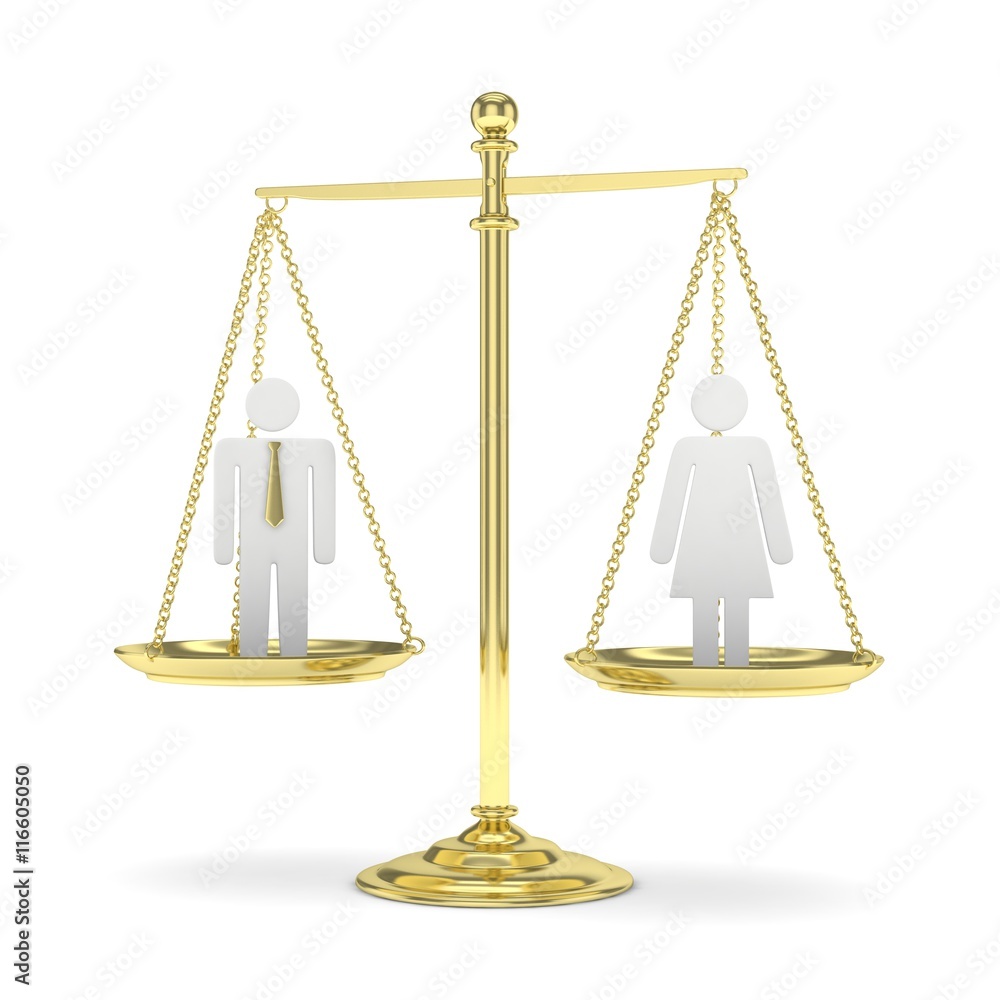 Isolated old fashioned pan scale with man and woman on white background. Gender inequality. Equality of sexes. Law issues. Silver model. 3D rendering. Isolated old fashioned pan scale with man and woman on white background. Gender inequality. Equality of sexes. Law issues. Silver model. 3D rendering.