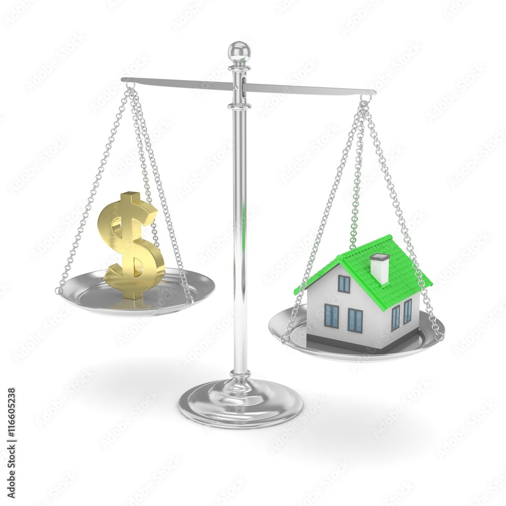 Isolated silver scales with golden dollar and house on white background. Investment or savings concept. Real estate and currency. 3D rendering. Isolated silver scales with golden dollar and house on white background. Investment or savings concept. Real estate and currency. 3D rendering.