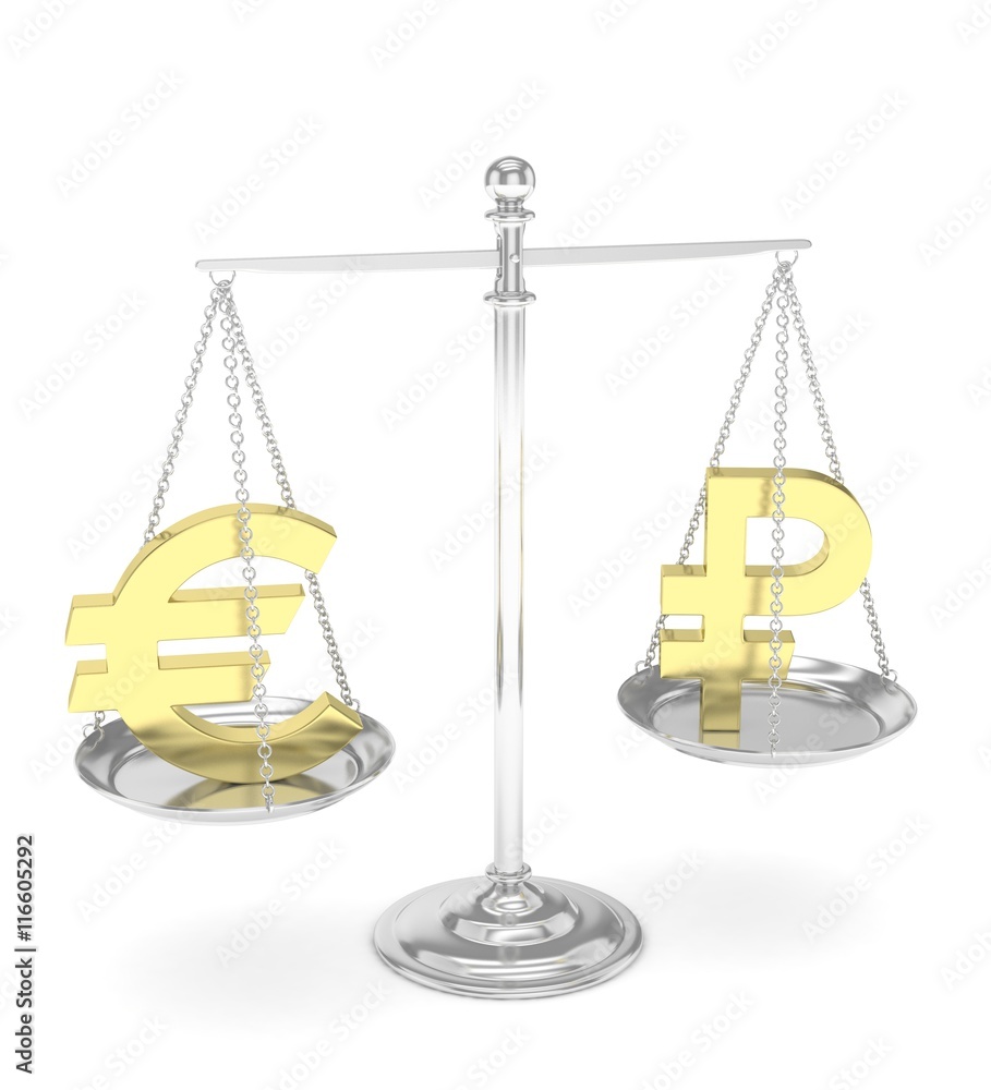 Isolated silver scales with golden euro and ruble currency. Russian and european finance. Measuring of market stability. 3D rendering. Isolated silver scales with golden euro and ruble currency. Russian and european finance. Measuring of market stability. 3D rendering.