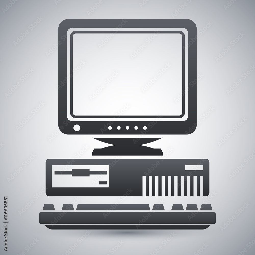 Vector Retro Computer Icon with Keyboard and CRT Monitor icon. Old Computer Icon with Keyboard and CRT Monitor simple icon on a light gray background Vector Retro Computer Icon with Keyboard and CRT Monitor icon. Old Computer Icon with Keyboard and CRT Monitor simple icon on a light gray background