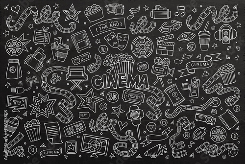Cinema, movie, film doodles hand drawn chalkboard vector symbols