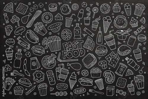 Fast food doodles hand drawn chalk board vector symbols 