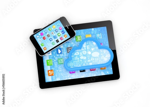 tablet pc, smart phone and cloud. 3d rendering.