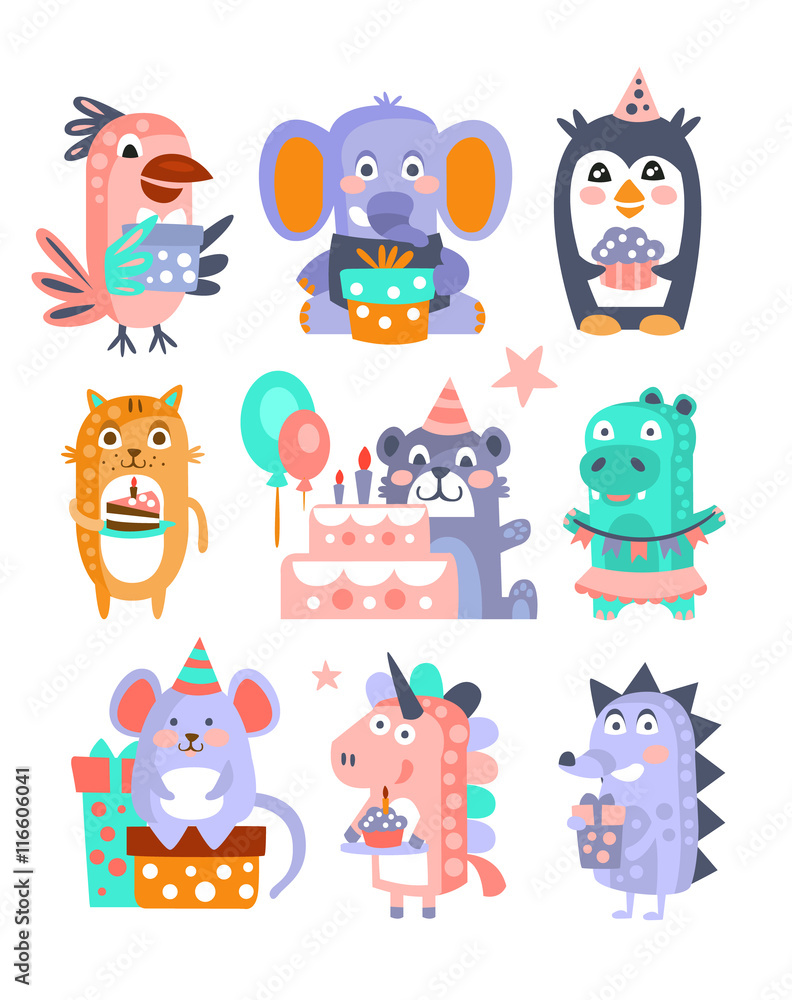 Obraz premium Stylized Funky Animals Birthday Celebration Sticker Set