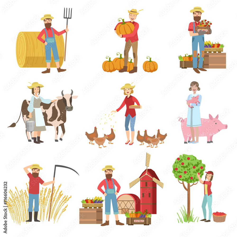 Fototapeta premium Farmers And Their Products Set