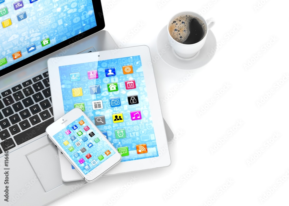Laptop, phone and tablet pc. 3d rendering. Laptop, phone and tablet pc. 3d rendering.