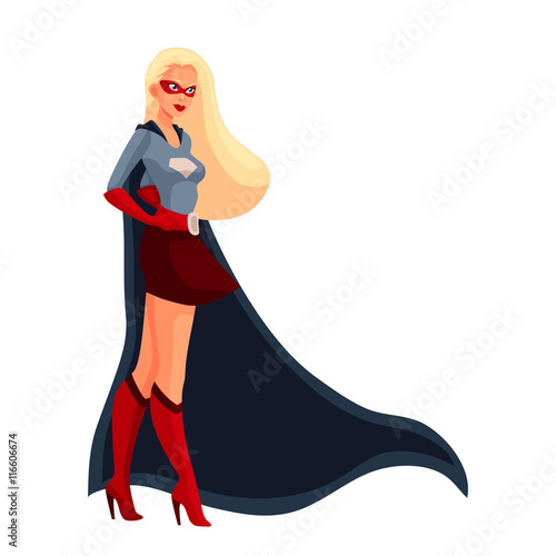 Female superhero cartoon style vector illustration isolated on white background. woman in business suit and in superhero disguise, super power girl. Business woman as superhero