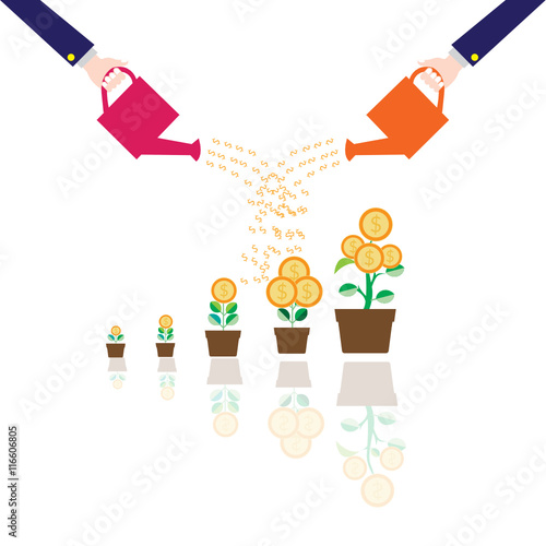  hand watering money plants, concept for making money, investment, getting profit, financial management