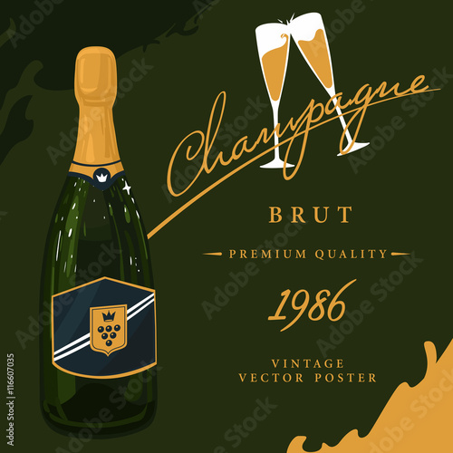 Bottle of champagne with two glasses poster
