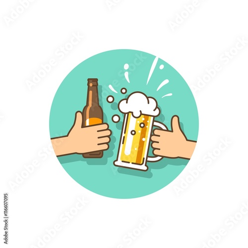 Beer festival. Birthday party. Celebration of the current event. Two hands holding the beer bottle and beer glass. Vector illustration in flat style.