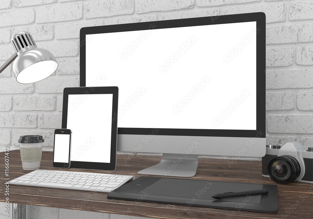 Responsive mockup screen. Monitor, tablet, phone on table in office. 3d rendering. Responsive mockup screen. Monitor, tablet, phone on table in office. 3d rendering.
