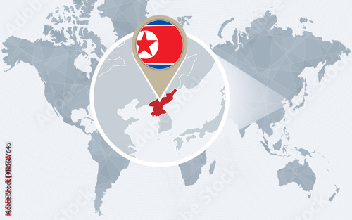 Abstract blue world map with magnified North Korea.