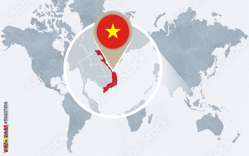Abstract blue world map with magnified Vietnam.