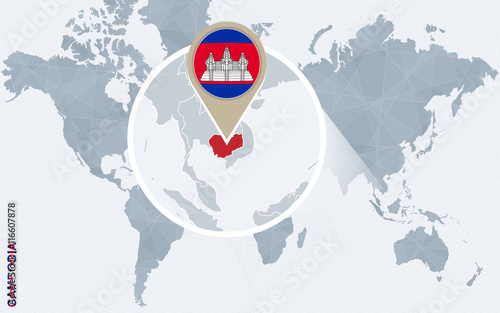 Abstract blue world map with magnified Cambodia.