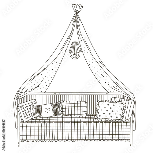 Canopy bed, pillows and sconces.