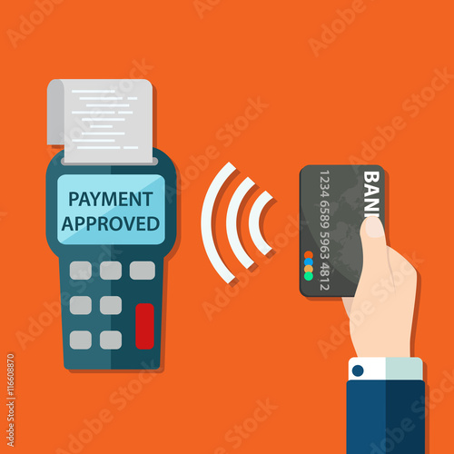Pos terminal confirms the payment by debit credit card. Vector illustration in flat design. nfc payments concept