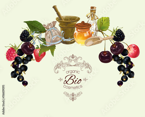 Vector vintage fruit and berry cosmetic banner with honey and mortar .Design for herbal and fruit tea, natural cosmetics, candy, grocery and health care products. Can be used as logo design