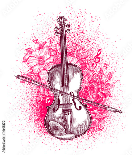 Hand drawn classical violin and bow. Musical instrument. Vector illustration