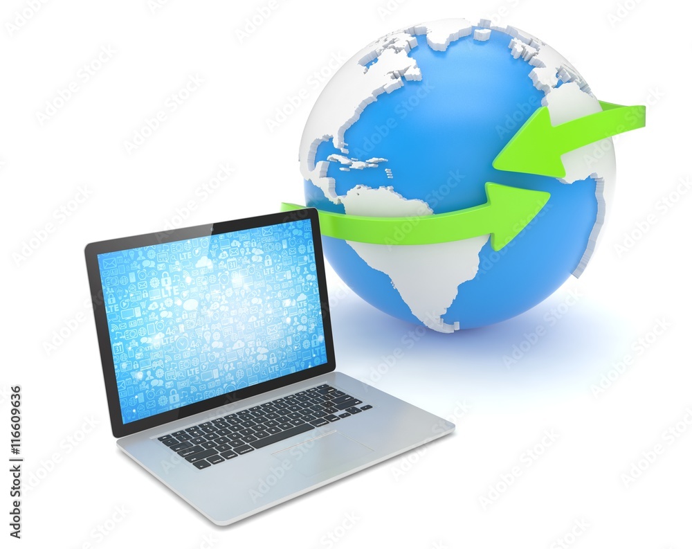 Laptop network and earth globe. 3d rendering.