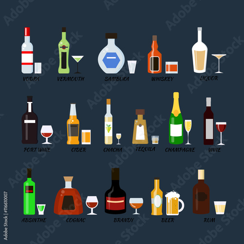 Collection of bottles of alcohol in a flat style. Icons vector illustration.