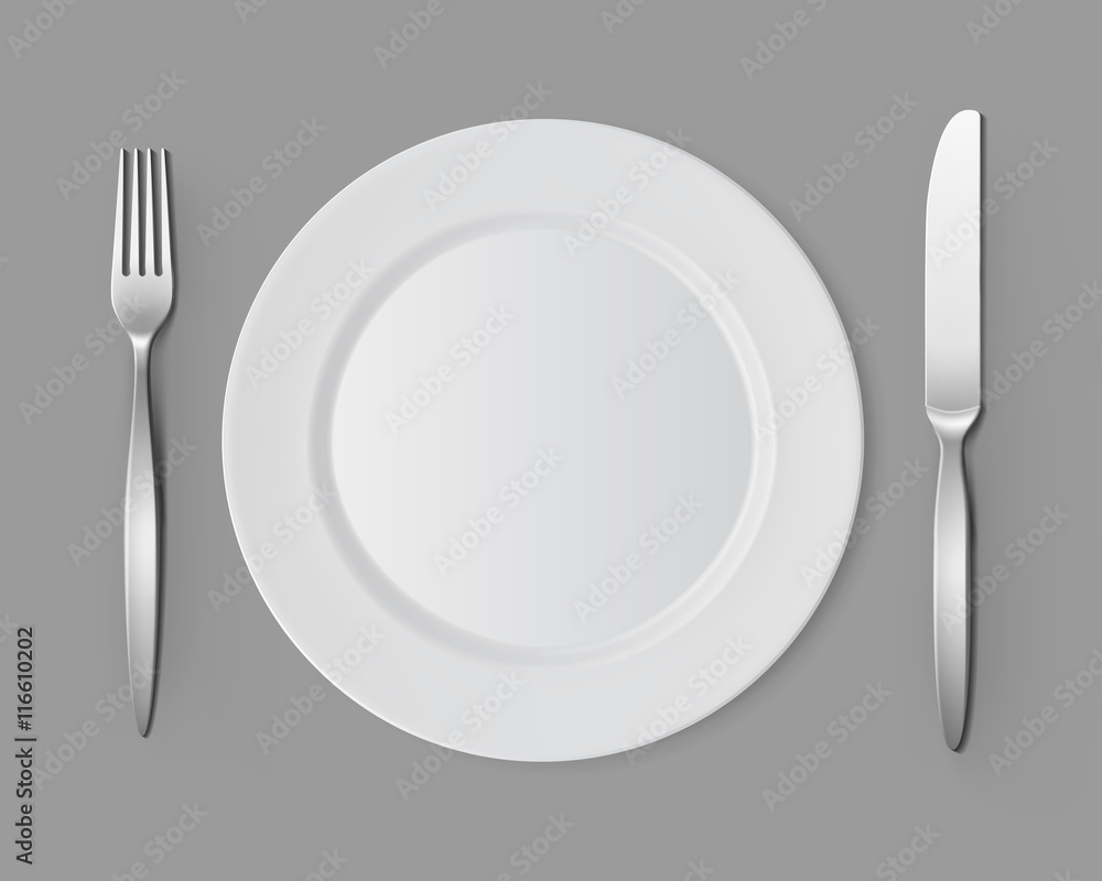 Vector White Empty Flat Round Plate with Fork and Knife Top View Isolated on Background. Table Setting Vector White Empty Flat Round Plate with Fork and Knife Top View Isolated on Background. Table Setting