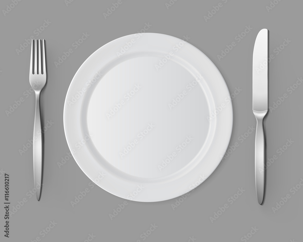 Vector White Empty Flat Round Plate with Fork and Knife Top View Isolated on Background. Table Setting Vector White Empty Flat Round Plate with Fork and Knife Top View Isolated on Background. Table Setting