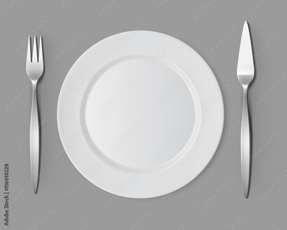 Vector White Empty Flat Round Plate with Fish Fork and Fish Knife Top View Isolated on Background. Table Setting Vector White Empty Flat Round Plate with Fish Fork and Fish Knife Top View Isolated on Background. Table Setting