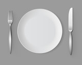 Vector White Empty Round Plate with Fork and Knife Top View Isolated on Background. Table Setting