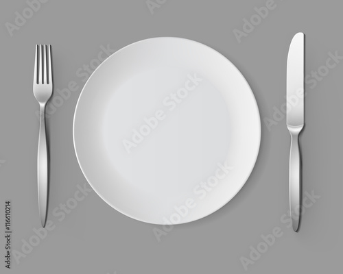 Vector White Empty Round Plate with Fork and Knife Top View Isolated on Background. Table Setting