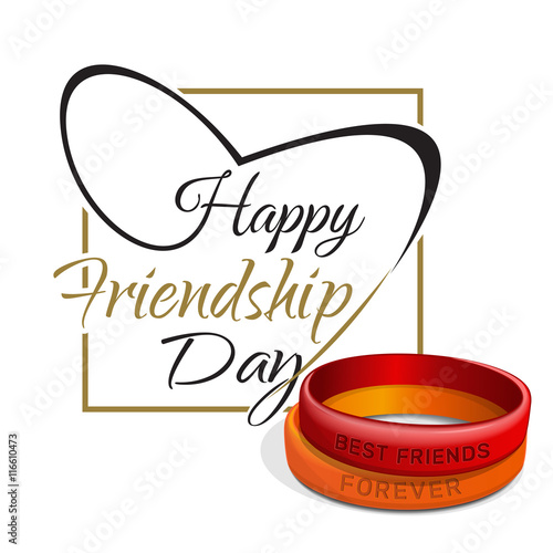 Friendship Day lettering card. Typographic design. Red, orange friendship bands and lettering - Happy Friendship Day. Vector illustration