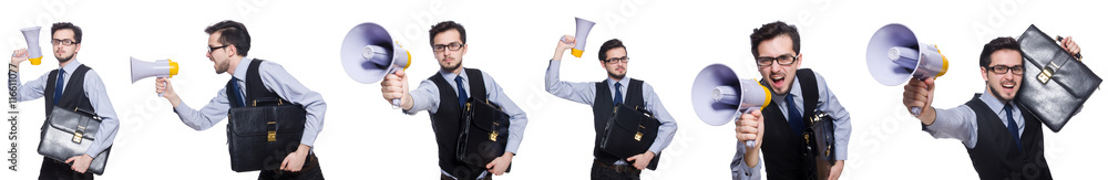 Collage of young businessman with loudspeaker on white Collage of young businessman with loudspeaker on white