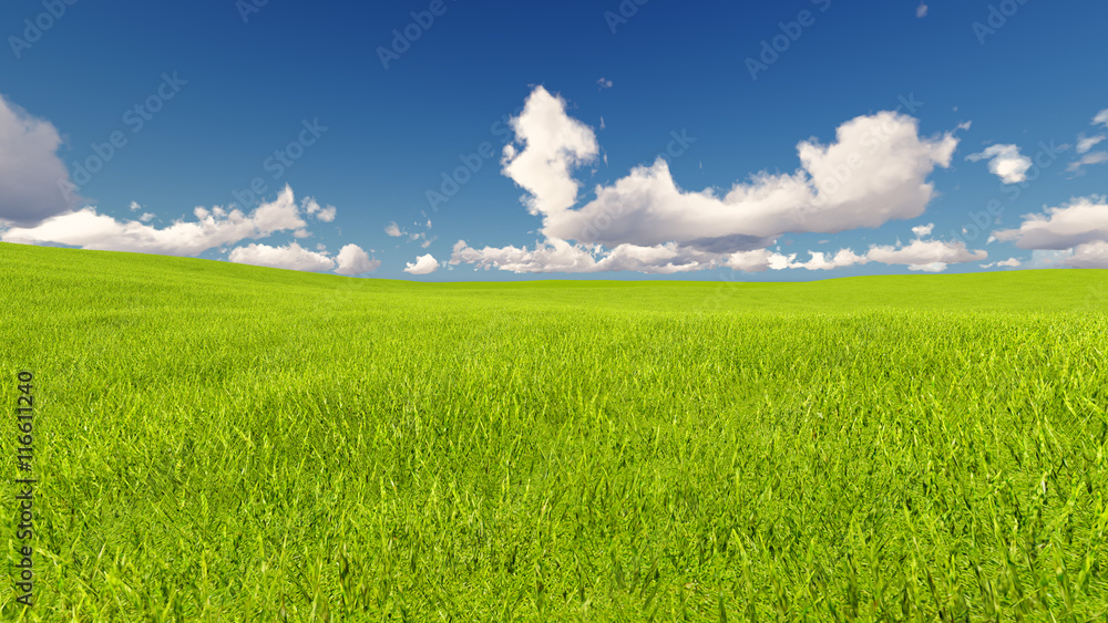 Moon and spring green meadow Nature 3D rendering
