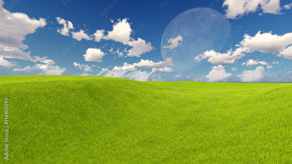 Moon and spring green meadow Nature 3D rendering Moon and spring green meadow Nature 3D rendering