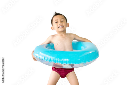 Cute Asian Boy Only In His Underwear Standing And Holding A Swim Ring Isolated On White Background Stock Photo Adobe Stock