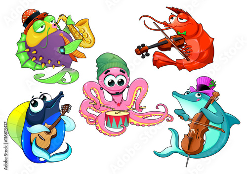 Funny group of musician sea animals