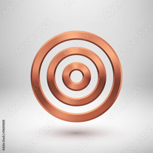Bronze abstract circle geometric badge, technology perforated button template with metal texture, chrome, silver, steel, copper and realistic shadow for logo, design, web, apps. Vector illustration.